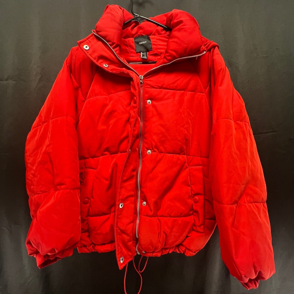 Forever 21 Womens Red Hooded Puffer Jacket Quilted Full Zip Coat Size S